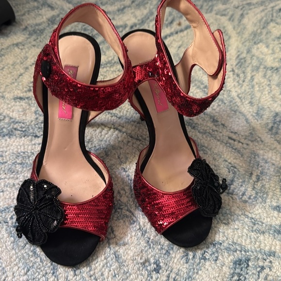 Betty Johnson red sequin peep toe ankle straps stiletto heels 8.5 - Picture 3 of 7